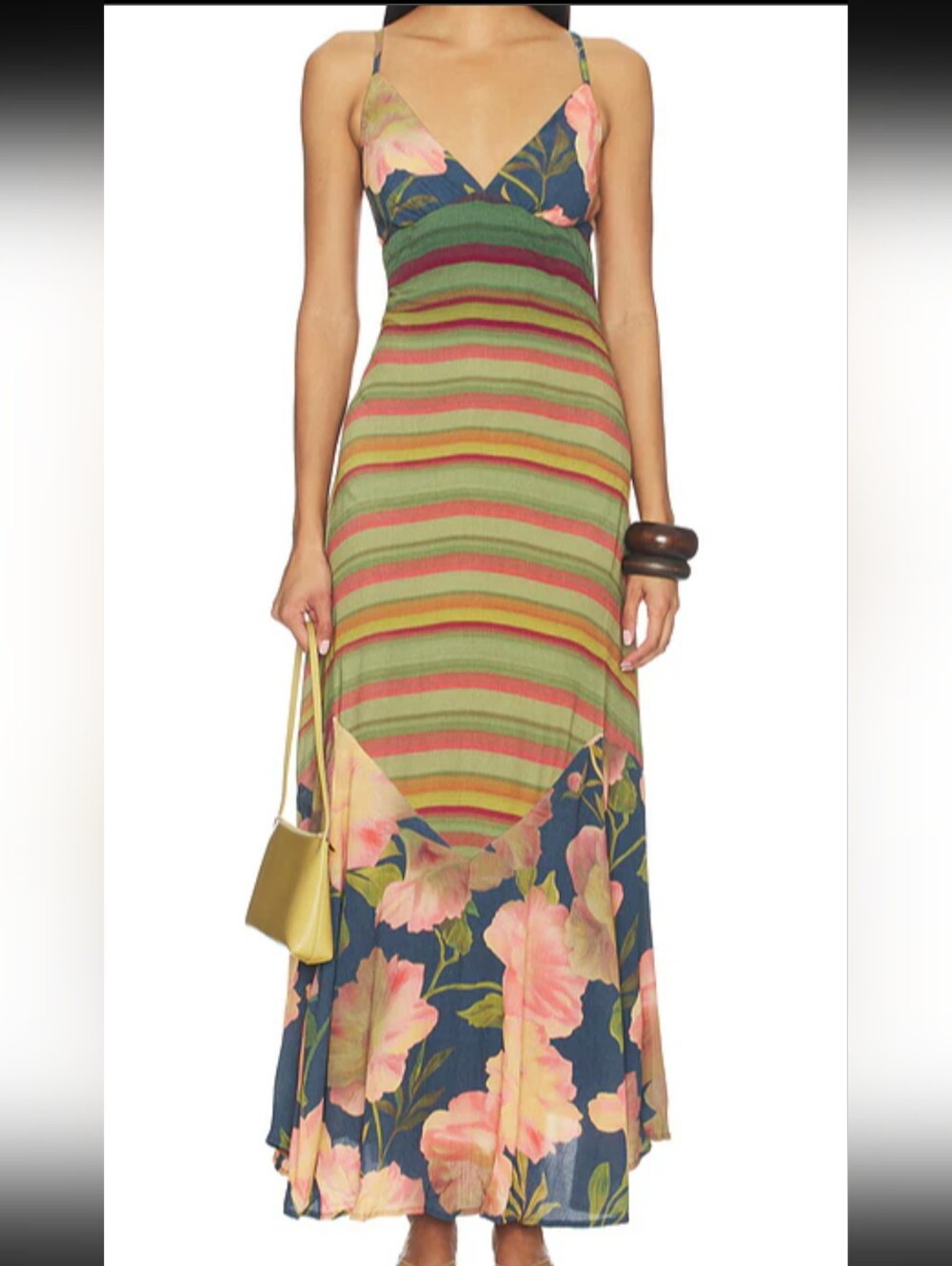 Free People Green Striped & Navy Floral Maxi Dress